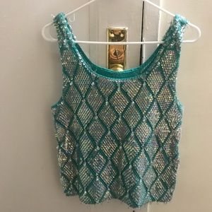 Iridescent Turquoise Sequin & Beaded Knit Tank